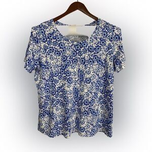 Women Within Plus Size Top 18/20 Blue Floral Scoop Neck Short Sleeve
